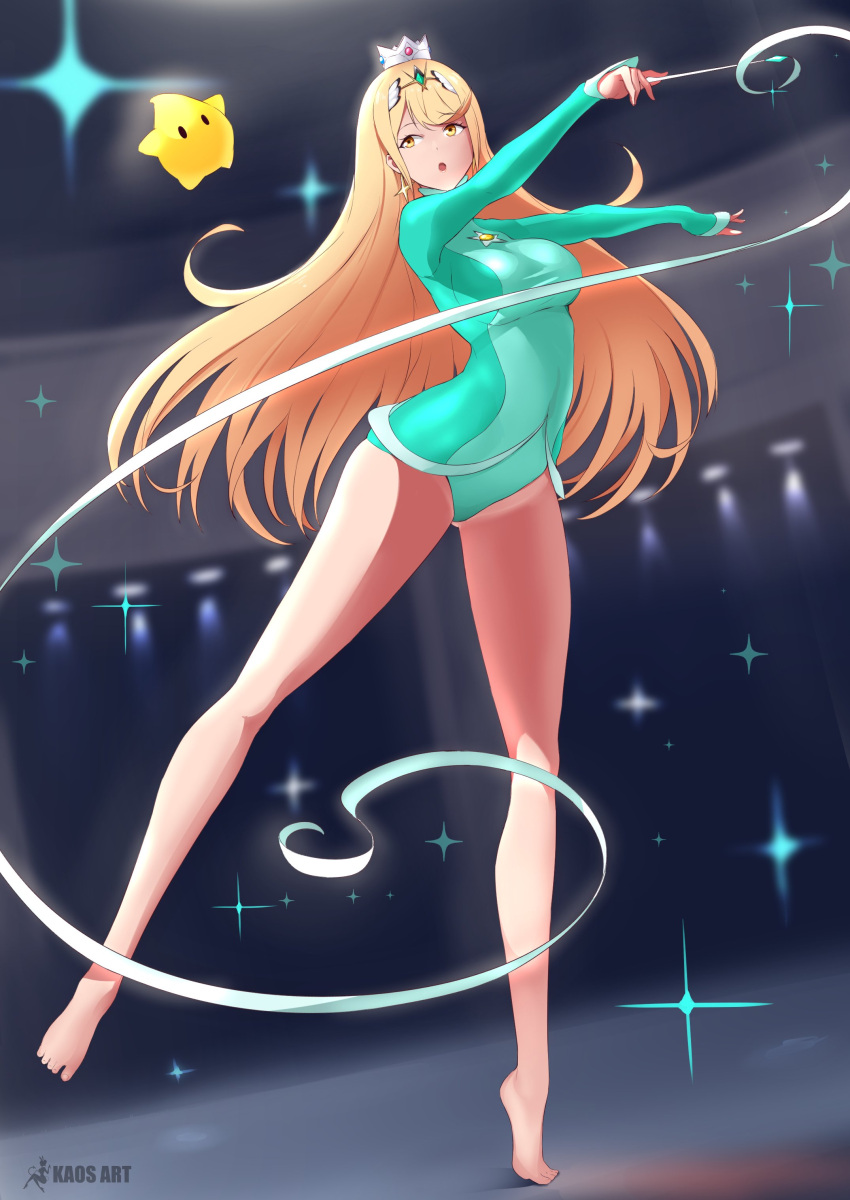 1girl absurdres athletic_leotard bare_legs barefoot blonde_hair blush breasts cleavage cosplay crown earrings full_body gymnastics highres jewelry kaos_art leotard long_hair looking_at_viewer mario_(series) mario_and_sonic_at_the_olympic_games mythra_(xenoblade) rosalina rosalina_(cosplay) solo star_(symbol) super_mario_galaxy super_smash_bros. xenoblade_chronicles_(series) xenoblade_chronicles_2