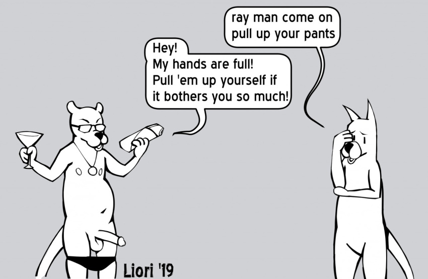 achewood alcohol annoyed anthro balls beverage clothed clothing dialogue domestic_cat duo english_text eyewear felid feline felis genitals glasses hand_on_head holding_object jewelry male mammal medallion necklace open_mouth pants_down partially_clothed penis ray_smuckles redo_(artist) roast_beef_kazenzakis simple_background speedo swimwear text wine