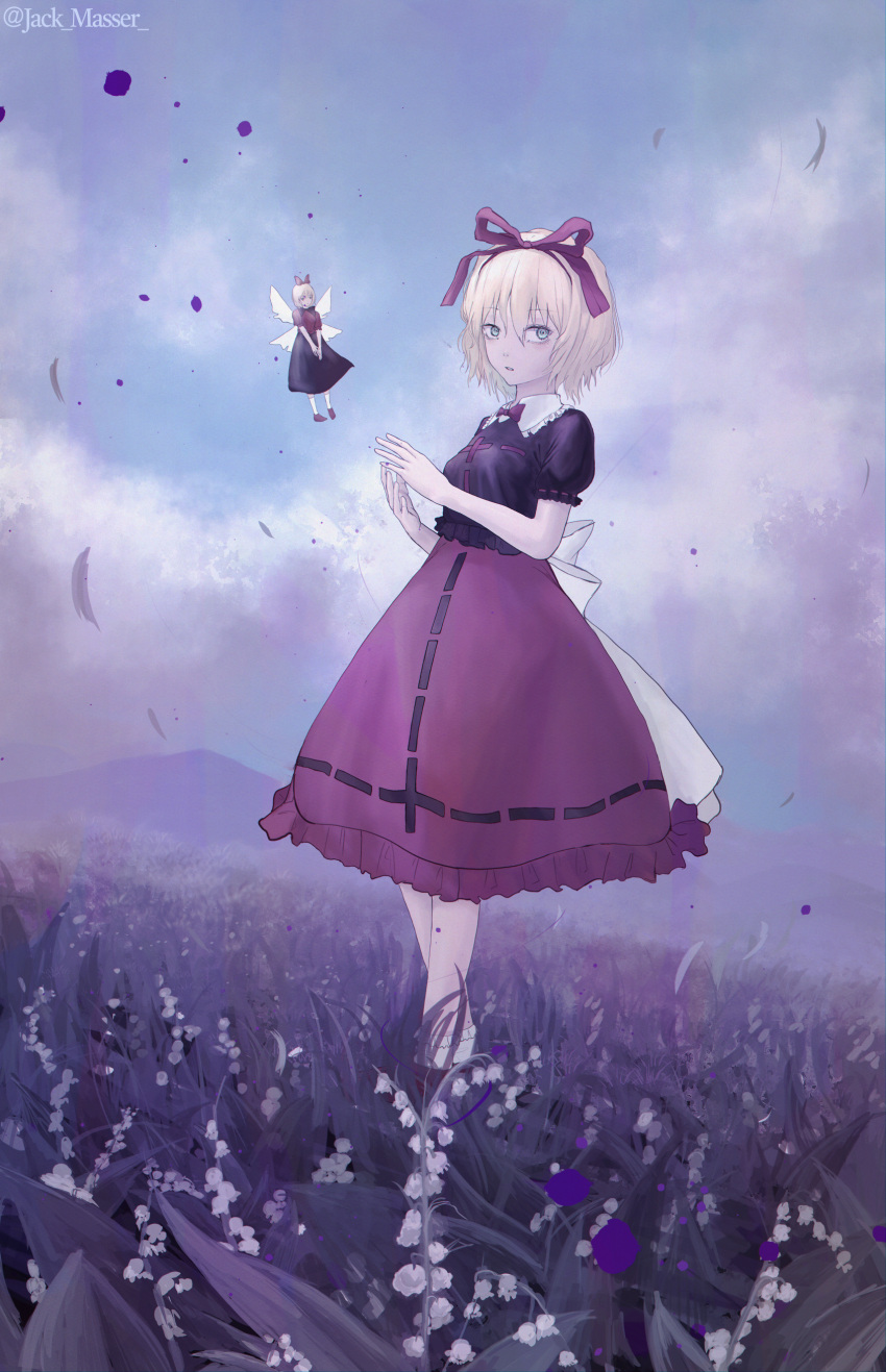 1girl absurdres artist_name back_bow bangs black_ribbon black_shirt blonde_hair blue_eyes bobby_socks bow bowtie breasts cloud cloudy_sky commentary_request day doll dress expressionless field flower flower_field flower_request full_body hair_between_eyes hair_ribbon highres jack_masser looking_at_viewer medicine_melancholy outdoors parted_lips puffy_short_sleeves puffy_sleeves red_bow red_dress red_footwear red_neckwear red_ribbon red_skirt ribbon ribbon-trimmed_dress scenery shirt short_hair short_sleeves skirt sky small_breasts socks solo standing su-san touhou white_bow white_flower white_legwear wings