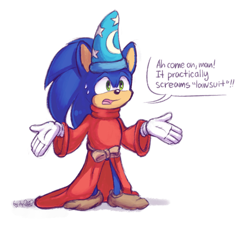 2019 anthro comic cosplay crossover crossover_cosplay disney dsp2003 eulipotyphlan hedgehog hi_res male mammal mickey_mouse nervous_sweat open_mouth parody simple_background single_panel solo sonic_the_hedgehog sonic_the_hedgehog_(series) speech_bubble the_sorcerer's_apprentice white_background