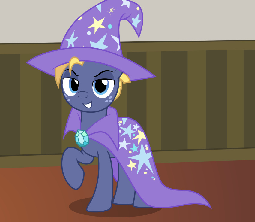 badumsquish blonde_hair blue_eyes cape clothing cosplay crossplay cutie_mark equid equine freckles friendship_is_magic hair hat headgear headwear hi_res horse inside looking_at_viewer male mammal my_little_pony pony pose smug smug_face smug_grin solo star_tracker_(mlp) trixie_(mlp) wizard_cape wizard_hat