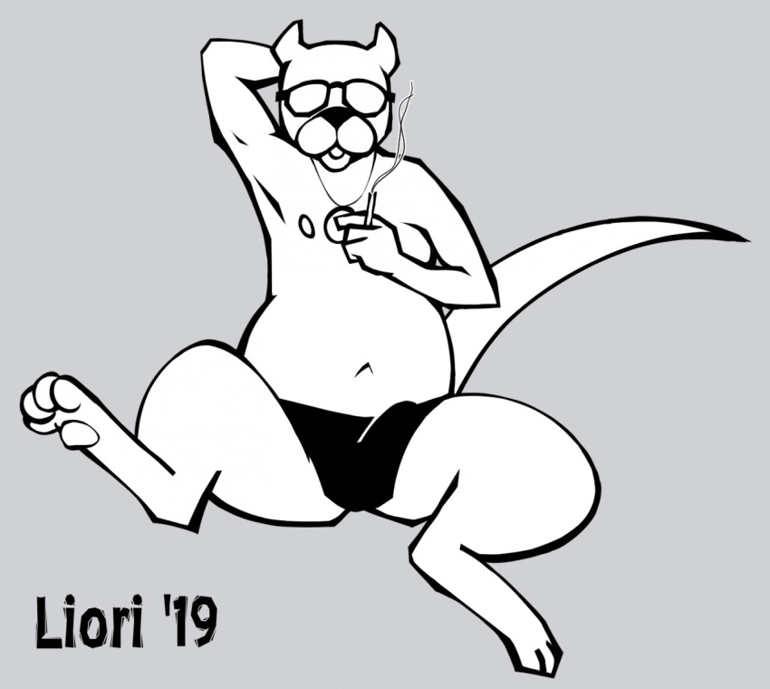 achewood anthro barefoot bulge cigarette clothed clothing domestic_cat eyewear feet felid feline felis glasses grey_background hand_behind_head male mammal monochrome open_mouth ray_smuckles redo_(artist) simple_background smoking solo speedo swimwear topless