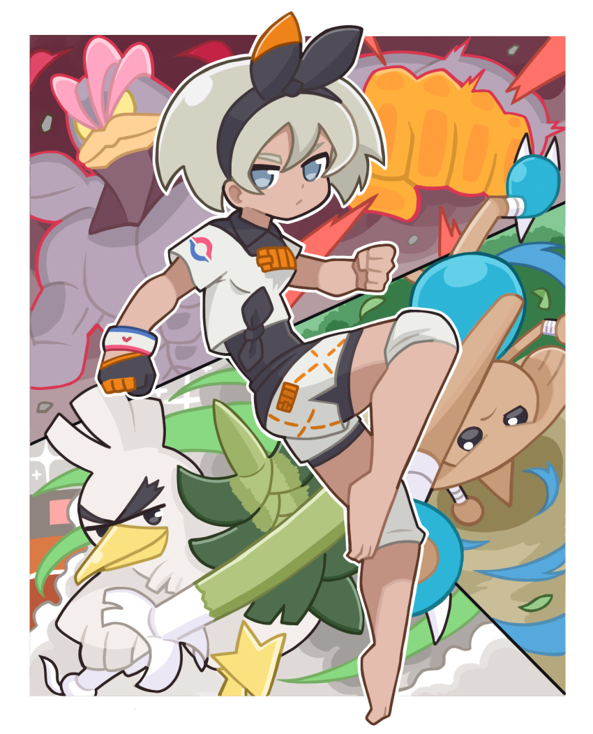 1girl bangs barefoot bea_(pokemon) black_bodysuit black_hairband bodysuit bodysuit_under_clothes border bow_hairband clenched_hands closed_mouth collared_shirt commentary dynamax_band full_body gen_1_pokemon gen_2_pokemon gen_8_pokemon gigantamax gigantamax_machamp gloves grey_eyes grey_hair gym_leader hair_between_eyes hairband highres hitmontop knee_pads machamp outline outside_border pokemon pokemon_(creature) pokemon_(game) pokemon_swsh print_shirt print_shorts shirt short_hair short_sleeves shorts side_slit side_slit_shorts single_glove sirfetch'd tanitaniyaaan tied_shirt toes white_border