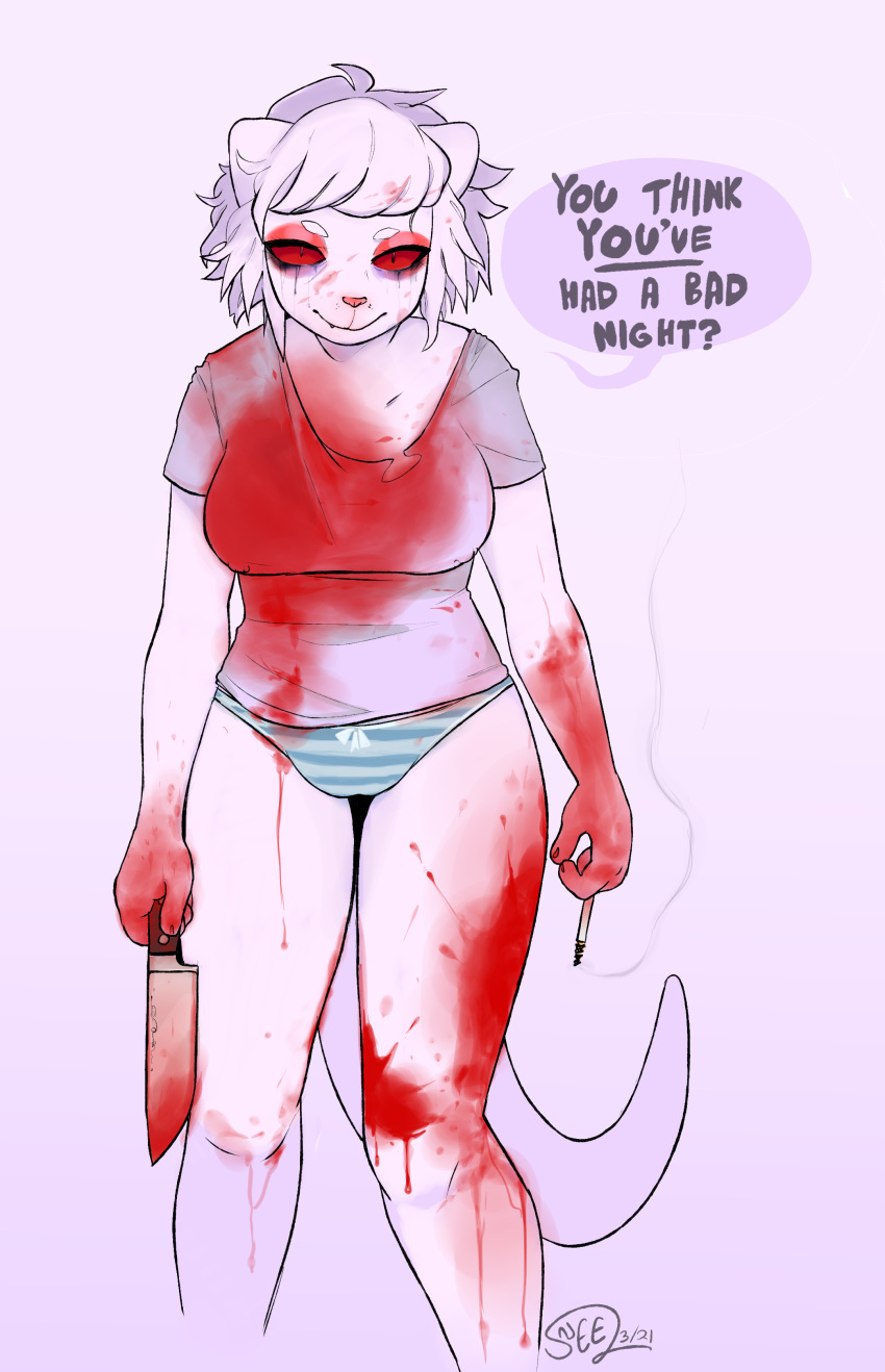 2021 absurd_res anthro blood blood_on_arm blood_on_clothing blood_on_face blood_on_hand blood_on_leg blood_on_weapon bodily_fluids cigarette clothing domestic_ferret female fur hair hi_res knife mammal mustela mustelid musteline panties poppy_(sneel) red_sclera running_mascara shirt sneel solo t-shirt topwear true_musteline underwear white_body white_fur white_hair