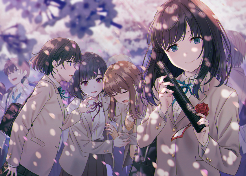 3boys 4girls bag bangs beige_jacket black_hair black_pants black_skirt brown_hair cardigan cherry_blossoms closed_eyes closed_mouth collared_shirt commentary crying dappled_sunlight diploma eyebrows_visible_through_hair flower graduation grey_eyes highres hyuuga_azuri light_rays long_hair long_sleeves looking_at_viewer medium_hair multiple_boys multiple_girls necktie open_mouth original outdoors pants petals pleated_skirt purple_eyes rose school_bag school_uniform shirt short_hair sidelocks skirt sunbeam sunlight symbol_commentary tears uniform white_shirt yellow_cardigan