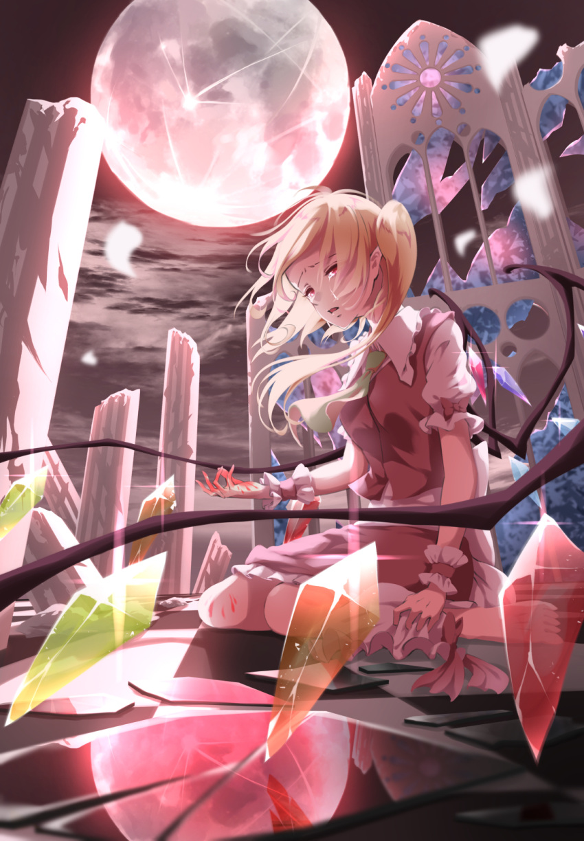 1girl ascot bangs barefoot blonde_hair blood bloody_hands blurry bow cloud cloudy_sky commentary_request crying crying_with_eyes_open crystal depth_of_field diffraction_spikes falling_petals flandre_scarlet floating_hair full_moon furrowed_eyebrows glint hat hat_bow hat_removed headwear_removed highres holding holding_clothes holding_hat looking_at_viewer mob_cap moon night night_sky no_hat no_headwear on_ground one_side_up otomeza_ryuseigun parted_lips perspective petals petticoat pillar pointy_ears puffy_short_sleeves puffy_sleeves red_bow red_eyes red_skirt red_vest reflection ruins scenery shirt short_hair short_sleeves sitting skirt skirt_set sky solo swept_bangs tears touhou vest wariza white_shirt wind wings wrist_cuffs yellow_neckwear