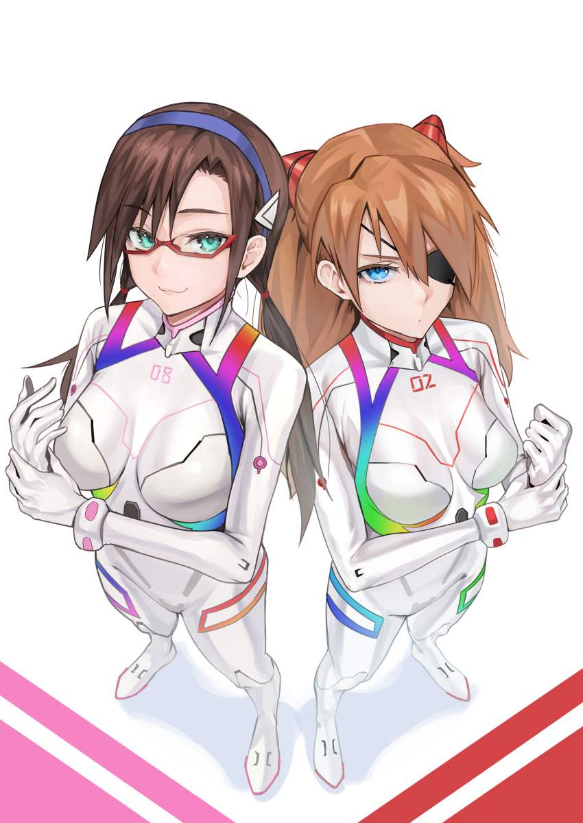 2girls absurdres aqua_eyes asymmetrical_bangs bangs blue_eyes bodysuit breasts brown_hair closed_mouth evangelion:_3.0+1.0_thrice_upon_a_time eyebrows_visible_through_hair eyepatch from_above full_body glasses gloves hairband highres long_hair looking_at_viewer looking_up low_twintails makinami_mari_illustrious masuo medium_breasts multiple_girls neon_genesis_evangelion number one_eye_covered orange_hair plugsuit purple_hairband rainbow_order rebuild_of_evangelion red-framed_eyewear semi-rimless_eyewear serious shikinami_asuka_langley skin_tight smile souryuu_asuka_langley standing twintails under-rim_eyewear white_bodysuit white_gloves