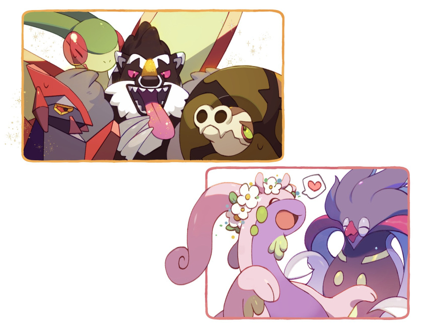 closed_eyes closed_mouth commentary flower flygon gen_3_pokemon gen_5_pokemon gen_6_pokemon gen_8_pokemon gigalith goodra heart highres malamar no_humans obstagoon open_mouth pokemon pokemon_(creature) sandaconda sharp_teeth smile spoken_heart sweatdrop teeth tongue tongue_out white_flower zigzagdb