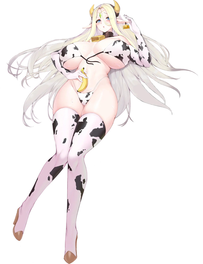 1girl animal_print banana bell bikini blonde_hair blue_eyes boots breasts cerestia_of_life circlet cleavage collar cow_horns cow_print cowbell ear_piercing ear_tag elbow_gloves elf food fruit full_body gloves hair_between_eyes highres horns last_origin long_hair long_pointy_ears neck_bell nipples official_art piercing pointy_ears snowball22 solo swimsuit tachi-e tag thigh_boots thighhighs transparent_background very_long_hair