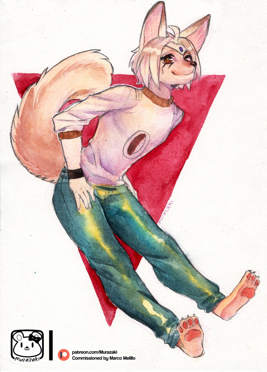 abstract_background absurd_res anthro biped bottomwear canid canine clothed clothing fennec fox fur hair hi_res looking_at_viewer male mammal murazaki painting_(artwork) pants simple_background smile solo sweater text topwear traditional_media_(artwork) url watercolor_(artwork)