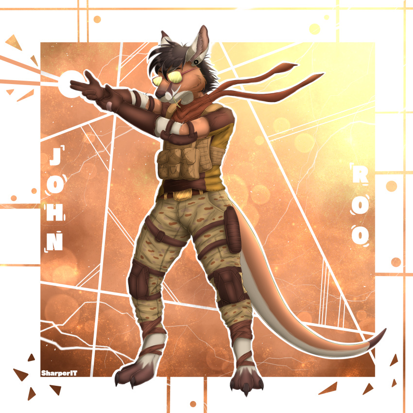 1:1 anthro armor bangs clothed clothing comic dialogue digital_media_(artwork) english_text eyewear fingers fur gun hair handgun headgear headwear helmet hi_res holding_object holding_weapon hybrid john_roo kangaroo macropod male mammal marsupial military monochrome mozzie open_mouth pistol rainbow_six:_siege ranged_weapon sharperit simple_background solo speech_bubble sunglasses text tom_clancy's_(series) ubisoft uniform video_games weapon white_background