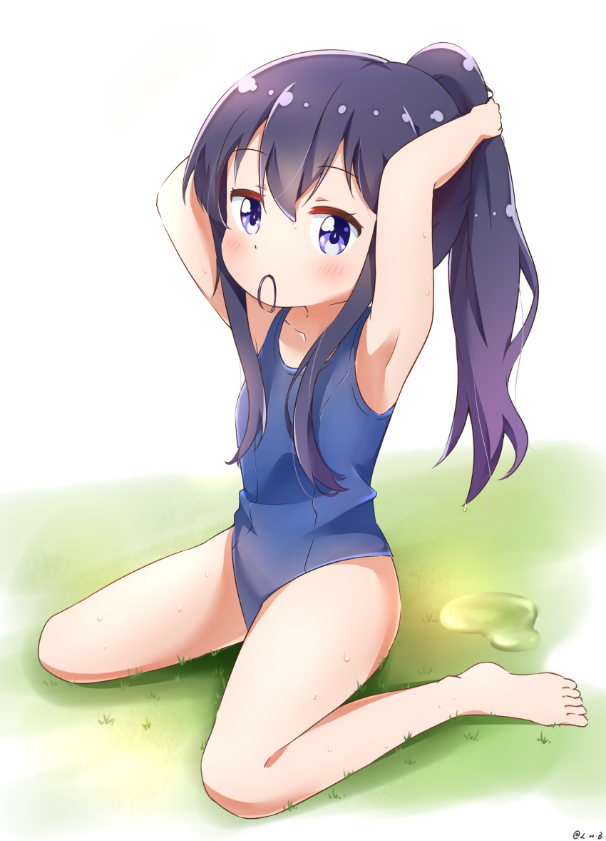 1girl absurdres adjusting_hair armpits arms_up barefoot black_hair blue_eyes blue_swimsuit blush feet full_body hair_tie hair_tie_in_mouth highres legs long_hair mouth_hold one-piece_swimsuit painter-lhb ponytail school_swimsuit shirosaki_hana sitting solo swimsuit thighs toes tying_hair watashi_ni_tenshi_ga_maiorita!