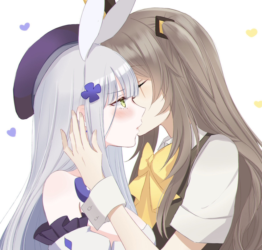 2girls animal_ears bangs beret blue_hair blush bow bowtie brown_hair brown_vest closed_eyes dress eyebrows_visible_through_hair fake_animal_ears girls_frontline green_eyes hat heart heart_print highres hk416_(girls_frontline) holding_ears kiss long_hair looking_at_another multiple_girls scar scar_across_eye shirt sui_(camellia) twintails ump45_(girls_frontline) vest white_background white_dress white_shirt yellow_neckwear yuri