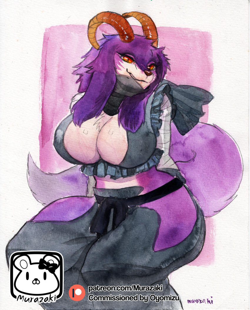 abstract_background absurd_res anthro big_breasts big_butt biped breasts butt cleavage cleavage_cutout clothed clothing female hi_res horn hybrid looking_at_viewer murazaki painting_(artwork) sitting skimpy smile solo traditional_media_(artwork) unknown_species watercolor_(artwork)