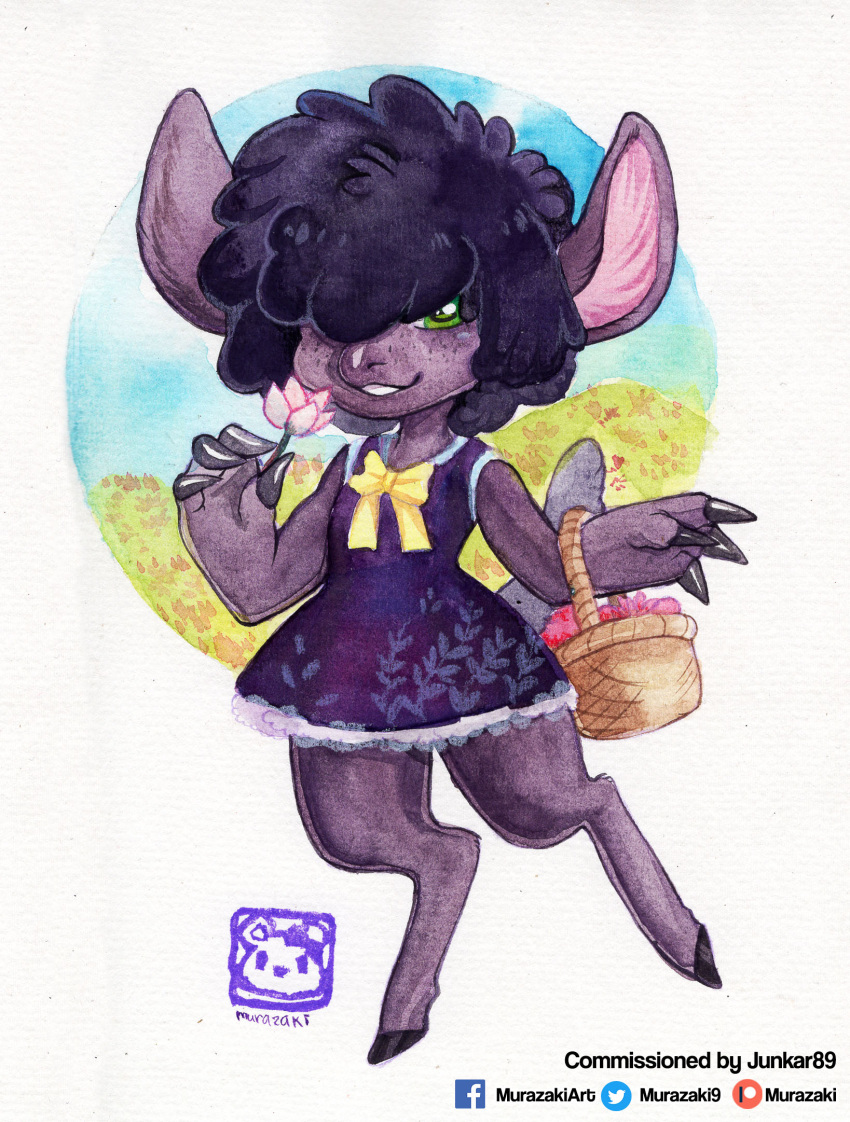 anthro basket biped bovid caprine chibi clothed clothing digitigrade dress female flower fully_clothed fur goat hair hair_over_eye hi_res holding_object hooves looking_at_viewer mammal murazaki one_eye_obstructed outside painting_(artwork) plant smile solo traditional_media_(artwork) watercolor_(artwork)