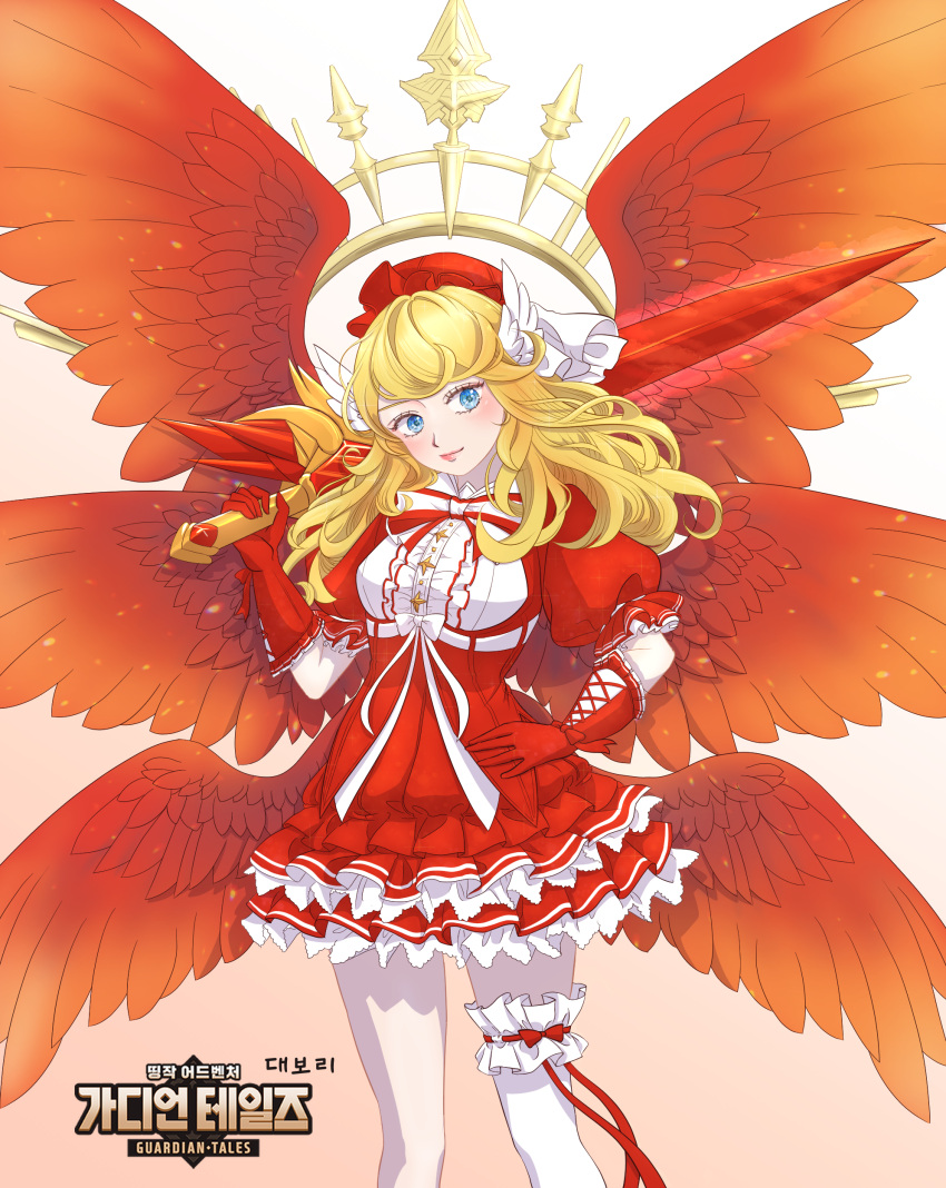 1girl absurdres balle blade blonde_hair blue_eyes closed_mouth dress feet_out_of_frame goddess_of_war_plitvice guardian_tales highres long_hair looking_at_viewer multiple_wings red_dress red_wings smile solo weapon wings