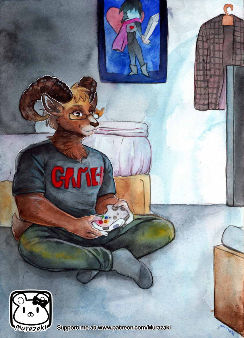 absurd_res anthro bottomwear bovid caprine clothed clothing controller eyewear fully_clothed game_controller glasses goat hi_res horn inside male mammal murazaki painting_(artwork) pants shirt sitting smile solo t-shirt text text_on_clothing topwear traditional_media_(artwork) url video_games watercolor_(artwork)