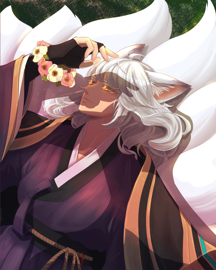 1boy absurdres animal_ears arms_up balle cou flower fox_boy fox_ears fox_tail grey_hair guardian_tales highres long_hair looking_away multiple_tails shadow solo tail yellow_eyes