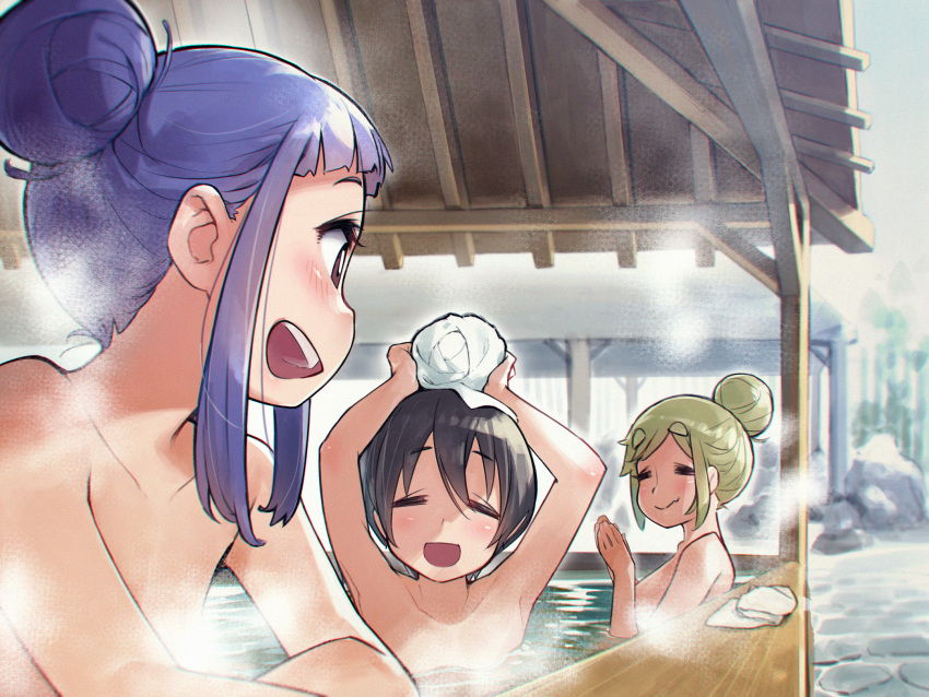 3girls :d =_= armpits bare_shoulders black_hair blonde_hair blush commentary hair_bun highres inuyama_aoi minawa multiple_girls onsen oogaki_chiaki open_mouth purple_eyes purple_hair saitou_ena smile steam teeth thick_eyebrows towel yurucamp