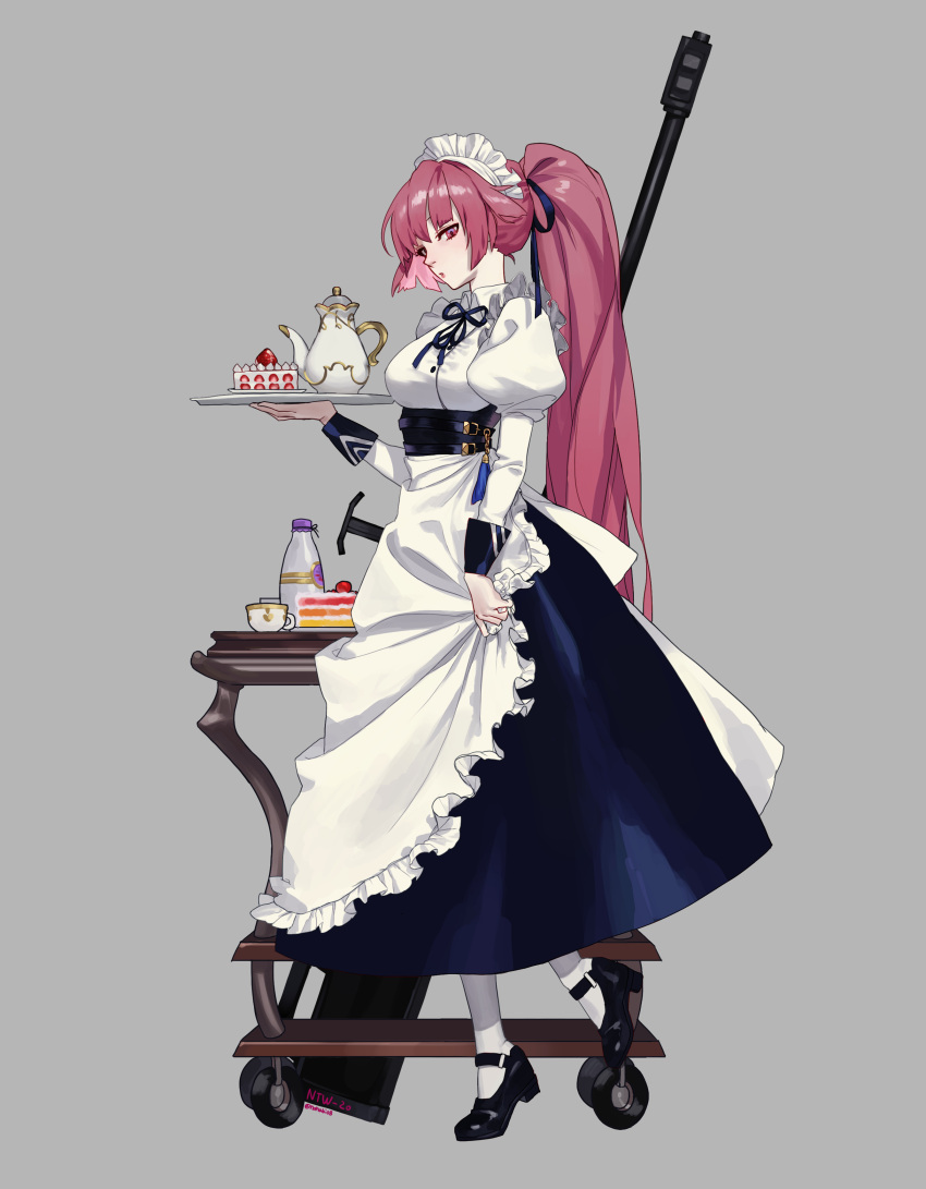 1girl absurdres apron artist_name black_footwear blue_ribbon blush breasts character_name closed_mouth food girls_frontline grey_background hair_ornament hair_ribbon hairclip highres holding holding_tray lips long_hair looking_at_viewer maid maid_apron maid_headdress ntw-20_(girls_frontline) ponytail profile purple_eyes purple_hair ribbon skirt_hold sobi_(dnenqkswja) solo standing standing_on_one_leg tray white_legwear