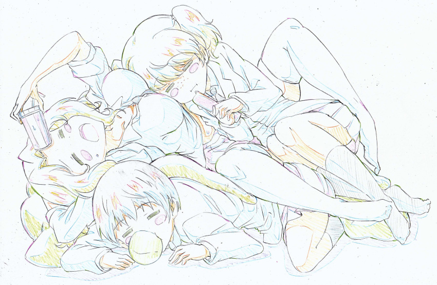 3girls :i =_= absurdres alisa_(girls_und_panzer) bangs blazer blouse blush_stickers bubble_blowing chewing_gum closed_eyes closed_mouth collared_blouse color_trace colored_pencil_(medium) commentary cup disposable_cup dress_shirt drinking_straw fork freckles frown girls_und_panzer hair_intakes hair_ornament highres holding holding_cup holding_fork jacket kay_(girls_und_panzer) kitazinger long_hair long_sleeves lying miniskirt multiple_girls naomi_(girls_und_panzer) necktie on_back on_person on_side on_stomach open_clothes open_jacket open_mouth pleated_skirt saunders_school_uniform school_uniform shirt short_hair short_twintails skirt sleeves_rolled_up socks star_(symbol) star_hair_ornament thighhighs traditional_media twintails very_short_hair wing_collar