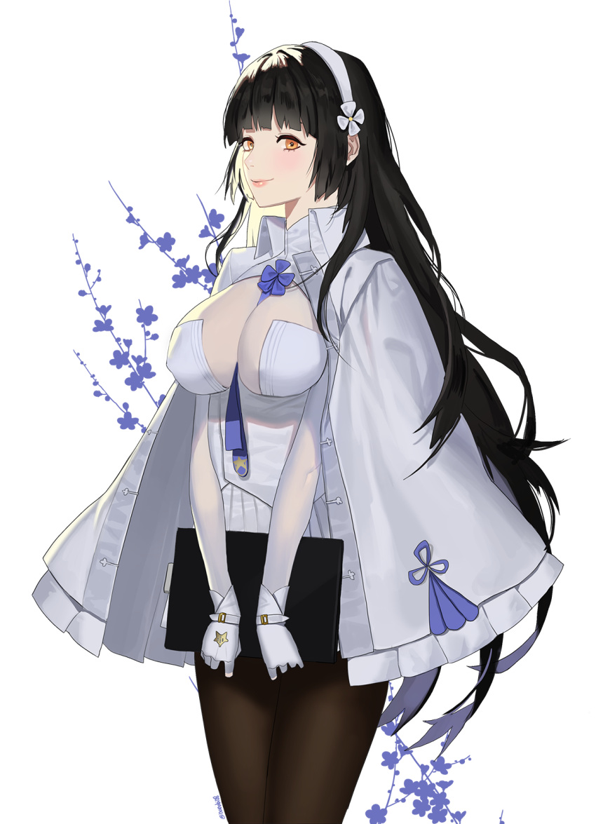 1girl black_hair black_legwear blush breasts cloak closed_mouth elbow_gloves eyebrows_visible_through_hair girls_frontline gloves hairband highres holding holding_notepad large_breasts lips long_hair looking_at_viewer notepad orange_eyes pantyhose qbz-95_(girls_frontline) simple_background smile sobi_(dnenqkswja) solo standing white_cloak white_gloves