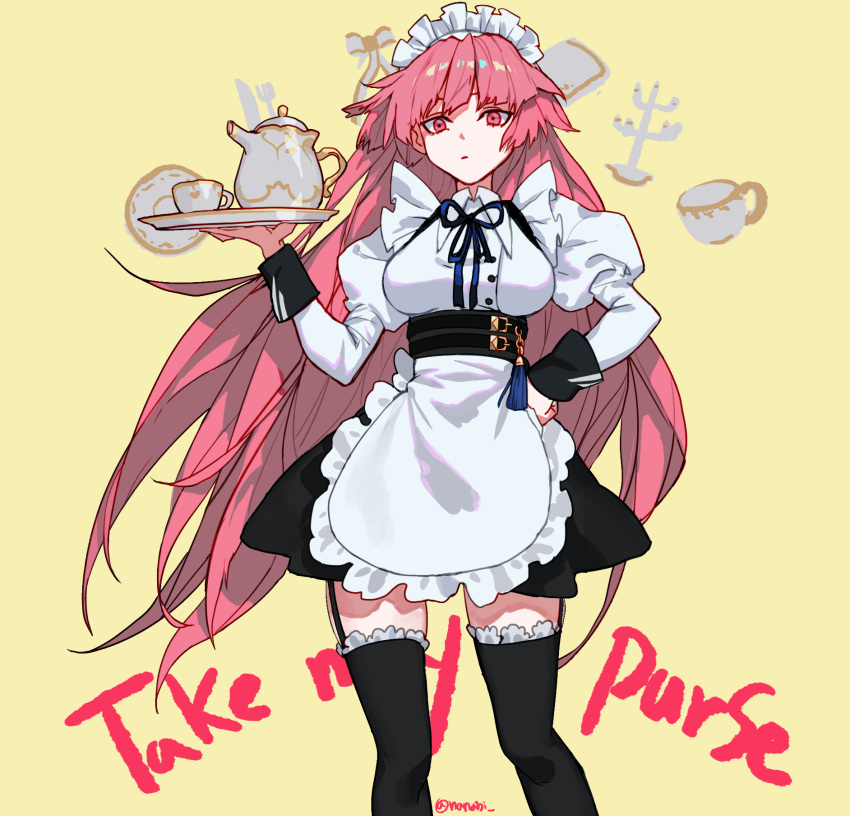 1girl apron artist_name black_legwear breasts closed_mouth english_text eyebrows_visible_through_hair girls_frontline hand_on_hip highres holding holding_tray long_hair looking_at_viewer maid maid_apron maid_headdress ntw-20_(girls_frontline) purple_eyes purple_hair simple_background sobi_(dnenqkswja) solo standing thighhighs tray yellow_background