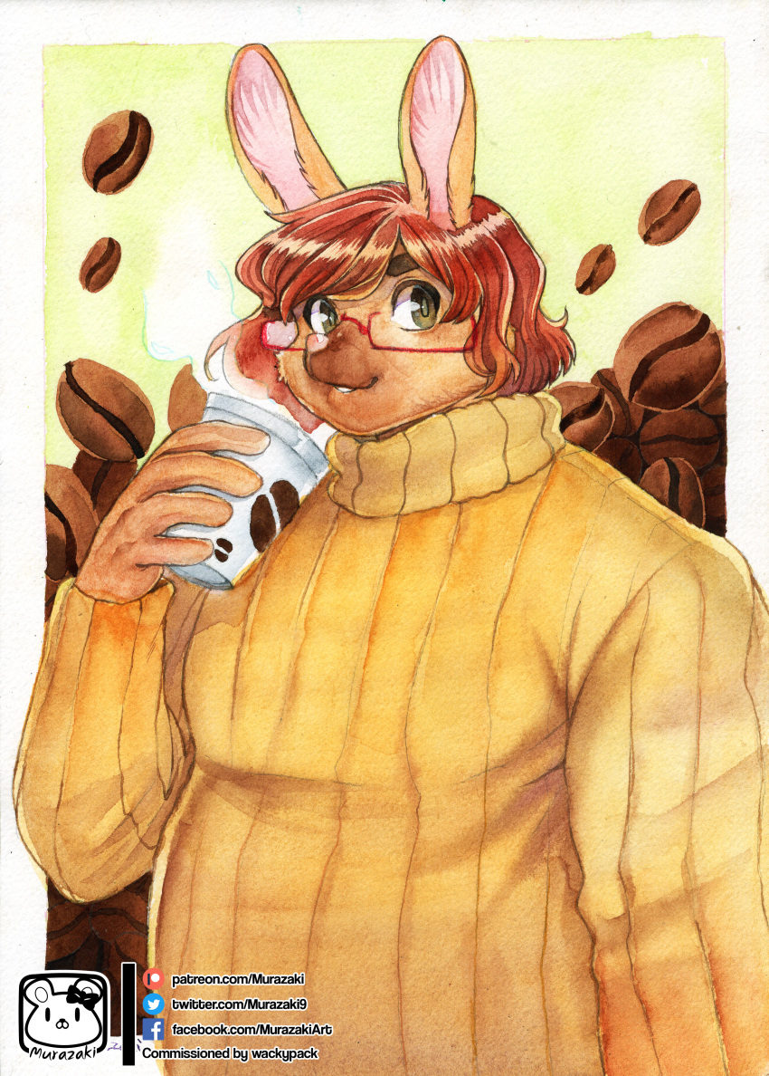 abstract_background absurd_res anthro beverage clothed clothing coffee eyewear fully_clothed fur glasses hair hi_res kemono lagomorph leporid male mammal murazaki painting_(artwork) rabbit smile solo sweater topwear traditional_media_(artwork) watercolor_(artwork)