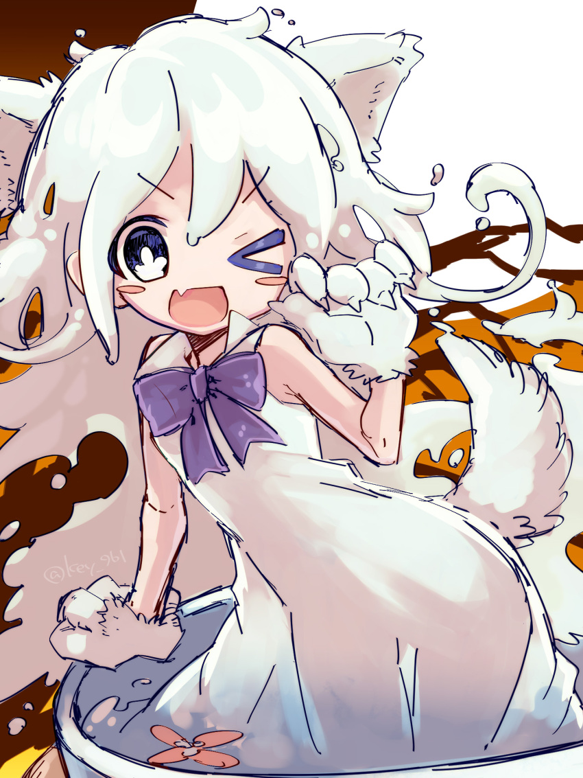 &gt;_o 1girl ;d alternate_hair_color animal_ears arm_support blue_bow blue_eyes blue_neckwear blush_stickers bow bowtie cat_ears cat_girl cat_paws cat_tail dress fang hand_up highres in_container jar key_961 liquid_hair looking_at_viewer merc_(merc_storia) merc_storia minigirl monster_girl no_nose one_eye_closed open_mouth paws see-through see-through_dress see-through_silhouette silver_hair skin_fang sleeveless sleeveless_dress slime_girl smile solo sundress tail twitter_username v-shaped_eyebrows white_dress