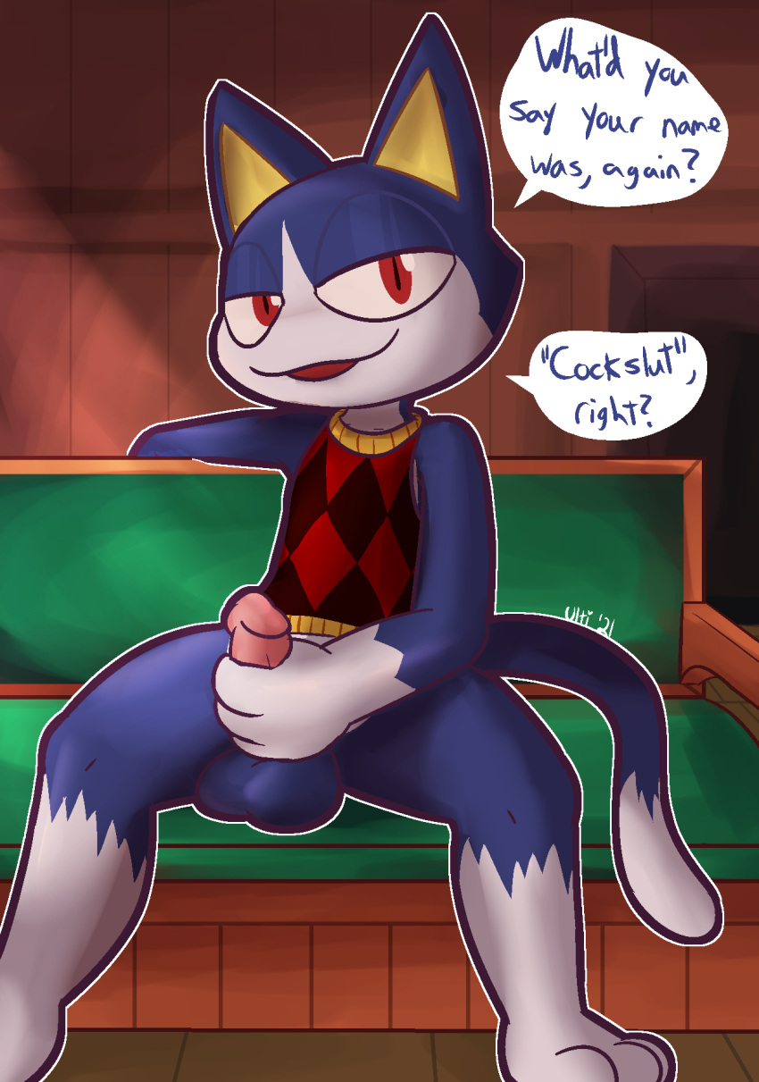 2021 3_toes animal_crossing anthro balls blue_balls blue_body blue_fur bottomless checkered_clothing checkered_shirt checkered_topwear checkered_vest clothed clothing dialogue dipstick_tail dirty_talk domestic_cat english_text erection feet felid feline felis fur genitals glans half-closed_eyes hi_res holding_penis humanoid_genitalia humanoid_penis inside looking_at_viewer male mammal masturbation multicolored_tail narrowed_eyes nintendo pattern_clothing pattern_shirt pattern_topwear pattern_vest penile penile_masturbation penis pink_glans pink_penis pupils red_clothing red_eyes red_shirt red_topwear red_vest rover_(animal_crossing) shirt sitting slit_pupils smile solo speech_bubble spread_legs spreading text toes topwear ultilix vest video_games white_body white_fur yellow_body yellow_clothing yellow_fur yellow_inner_ear yellow_shirt yellow_topwear yellow_vest