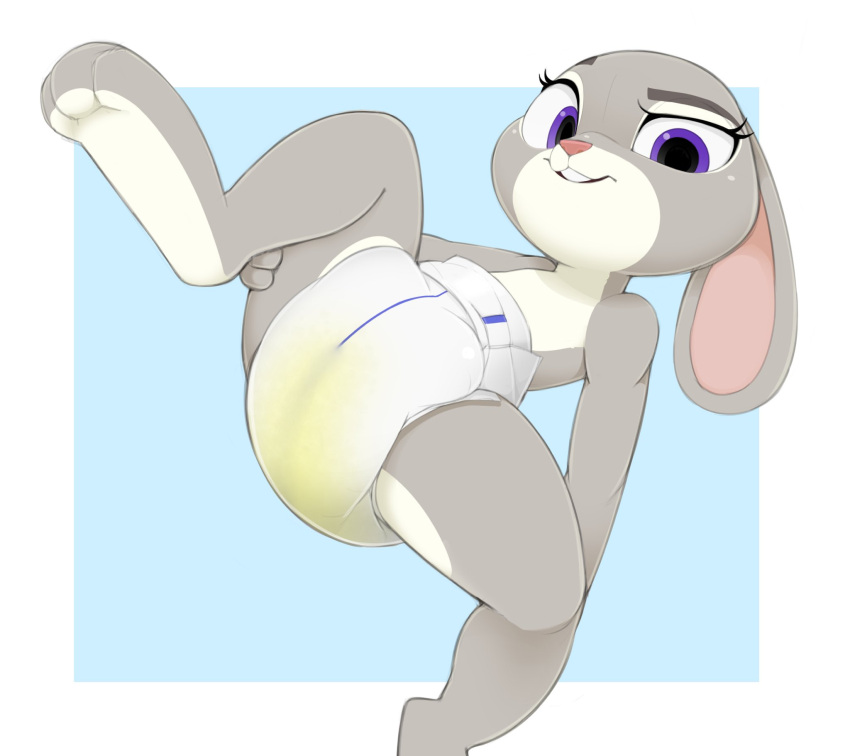 anthro bodily_fluids diaper digitigrade disney feet female genital_fluids hi_res judy_hopps lagomorph leporid long_ears looking_at_viewer lying mammal nyanyakotarou on_back one_eye_half-closed rabbit raised_leg solo spread_legs spreading teeth urine wet_diaper wetting zootopia