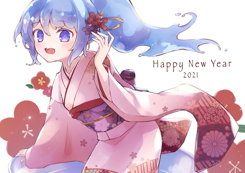 1girl 2021 7aka_ne11 :d arm_support blue_eyes blue_hair blue_slime blush commentary eyebrows_visible_through_hair floral_background floral_print flower flower_request furisode hair_flower hair_ornament hair_up hand_up happy_new_year in_container japanese_clothes jar kimono liquid_hair long_hair looking_at_viewer merc_(merc_storia) merc_storia minigirl monster_girl nengajou new_year obi open_mouth pink_kimono ponytail print_kimono round_teeth sash simple_background slime_girl smile solo teeth upper_body upper_teeth waist_bow white_background