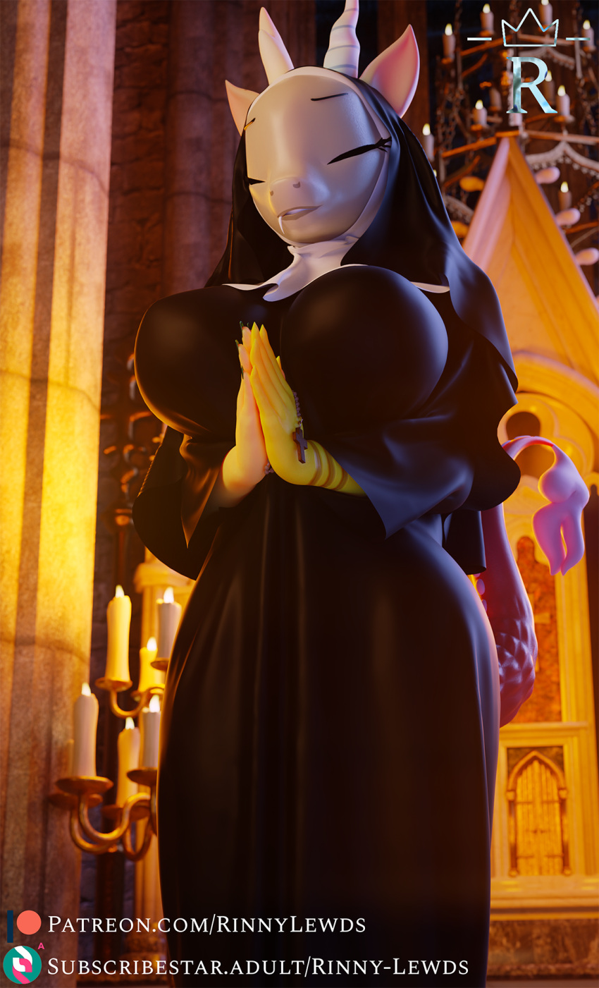 3d_(artwork) anthro anthrofied candle candlestick chimera church crossgender crucifix digital_media_(artwork) discord_(mlp) draconequus female friendship_is_magic hands_together hasbro hi_res inside my_little_pony nun nun_habit nun_outfit praying rinny rosary solo standing text url