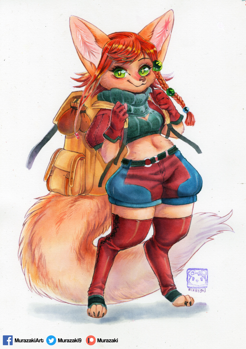 absurd_res anthro backpack biped bottomwear braided_hair breasts canid canine cleavage cleavage_cutout clothed clothing crop_top digitigrade female fennec fox fur hair hi_res legwear looking_at_viewer mammal midriff murazaki navel painting_(artwork) paws red_hair shirt shorts simple_background smile standing thigh_highs topwear traditional_media_(artwork) watercolor_(artwork) white_background wide_hips