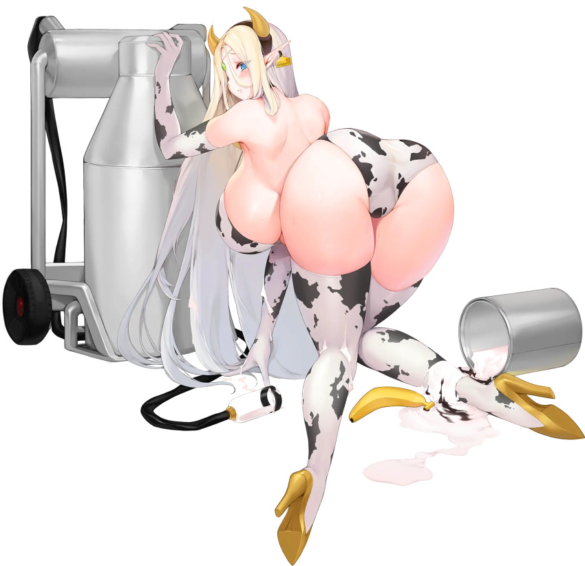 1girl animal_print areola_slip areolae ass banana bent_over bikini blonde_hair blue_eyes boots breasts cerestia_of_life circlet cow_girl cow_print ear_tag elbow_gloves elf food from_behind fruit full_body gloves hair_between_eyes hanging_breasts high_heels highres horns huge_breasts last_origin long_hair long_pointy_ears looking_at_viewer looking_back milk milking_machine official_art partially_visible_vulva pointy_ears snowball22 solo spilled_milk suggestive_fluid swimsuit tachi-e thigh_boots thighhighs transparent_background very_long_hair