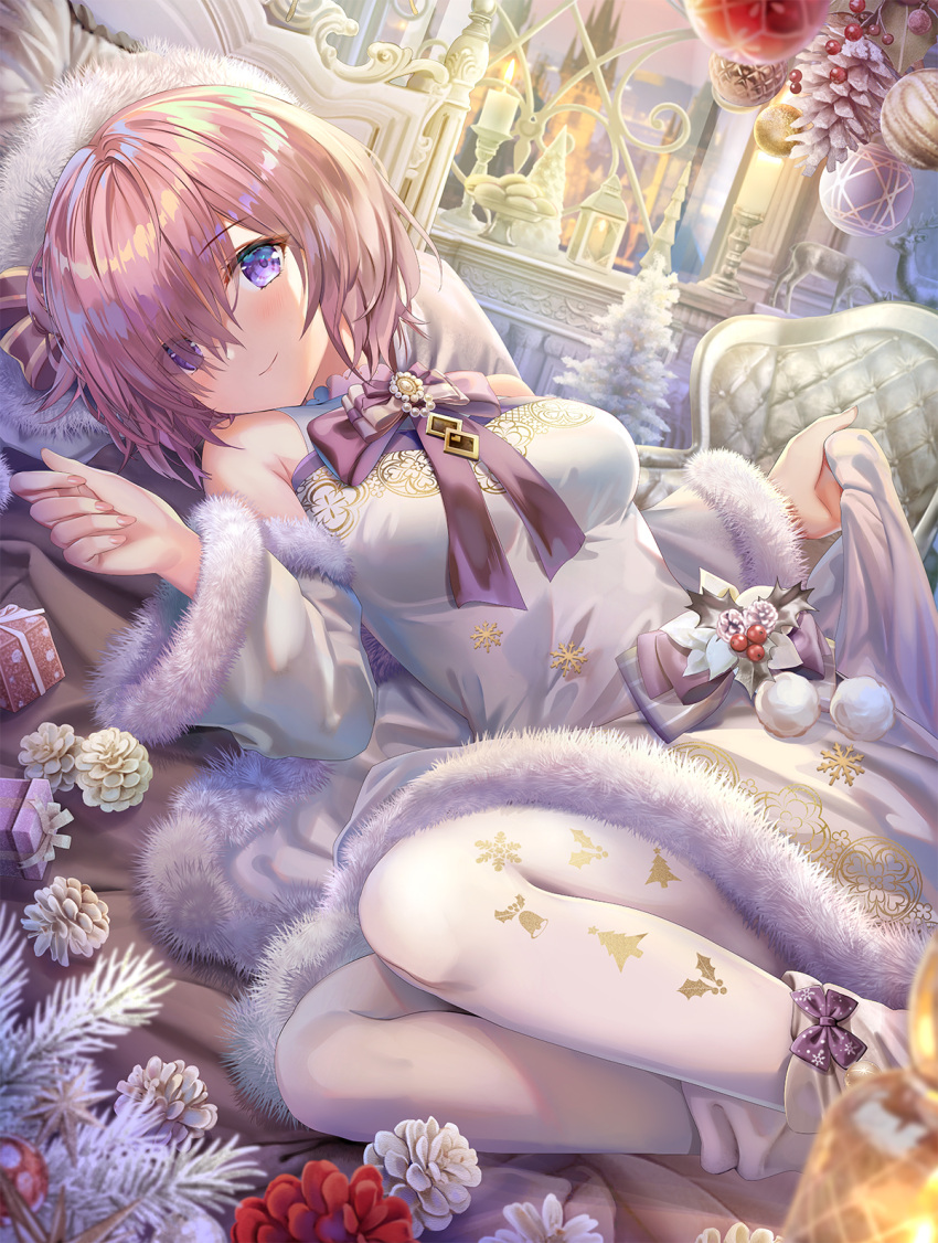 1girl bangs bare_shoulders blush breasts chair detached_sleeves dress duplicate eyebrows_visible_through_hair fate/grand_order fate_(series) flower fur_trim hair_over_one_eye highres large_breasts light_purple_hair looking_at_viewer lying mash_kyrielight on_side purple_eyes short_hair smile thighs torino_akua white_dress white_legwear