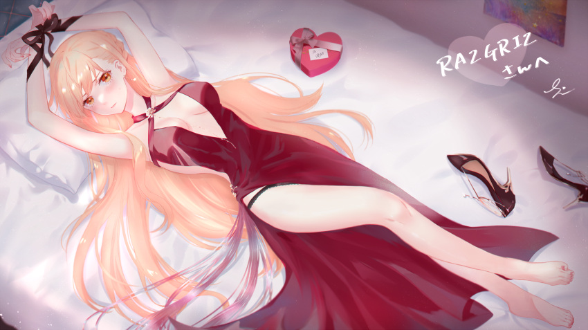 1girl bare_legs barefoot blonde_hair blush bound bound_wrists braid breasts closed_mouth crossed_legs dress earrings eyebrows_visible_through_hair fingernails gift girls_frontline happy_valentine high_heels highres jewelry legs lips long_hair looking_at_viewer lying medium_breasts nail_polish on_back ots-14_(girls_frontline) red_dress shoes_removed simple_background solo sui_(camellia) tied_up valentine yellow_eyes yuri