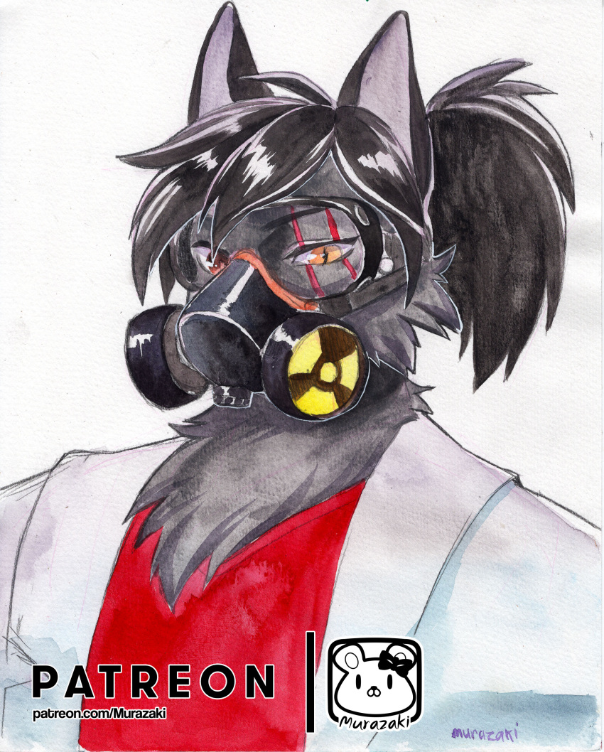 absurd_res anthro clothed clothing coat fur gas_mask hair hi_res lab_coat looking_at_viewer mask murazaki neck_tuft ponytail scar simple_background solo topwear traditional_media_(artwork) tuft unknown_species white_background