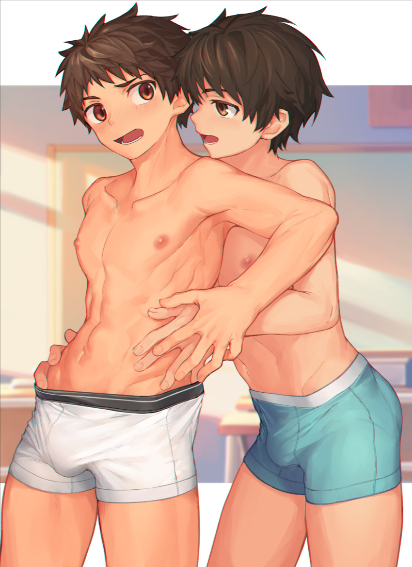 2boys bangs blush boxer_briefs brown_eyes brown_hair bulge chromatic_aberration classroom collarbone cowboy_shot hand_on_another's_hip highres hip_bones holding_hand indoors looking_at_another male_focus male_underwear multiple_boys navel nipples open_mouth original outside_border pectorals profile r-744 school short_hair spiked_hair standing underwear underwear_only yaoi