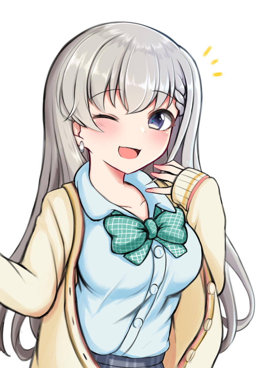1girl ;d absurdres bangs blue_shirt blush bow braid braided_bangs breasts brown_jacket collared_shirt commentary_request dress_shirt earrings eyebrows_visible_through_hair green_bow grey_hair grey_skirt hand_up highres hisakawa_hayate idolmaster idolmaster_cinderella_girls idolmaster_cinderella_girls_starlight_stage jacket jewelry long_sleeves looking_at_viewer medium_breasts mitsumine_raimu notice_lines one_eye_closed open_clothes open_jacket open_mouth school_uniform shirt simple_background skirt sleeves_past_wrists smile solo upper_body white_background