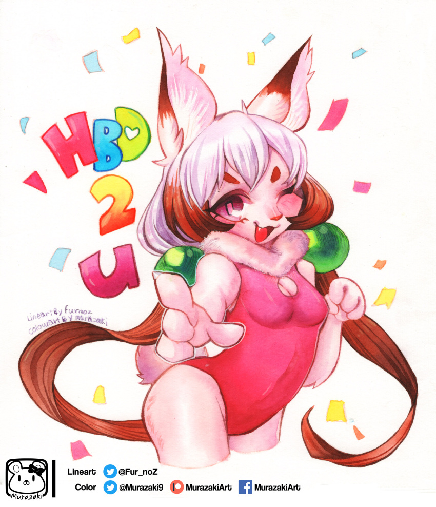 absurd_res anthro biped cleavage_cutout clothing confetti english_text female gesture happy_birthday hi_res looking_at_viewer mammal murazaki one-piece_swimsuit one_eye_closed open_mouth painting_(artwork) pointing pointing_at_viewer simple_background smile solo swimwear text traditional_media_(artwork) watercolor_(artwork) white_background wink