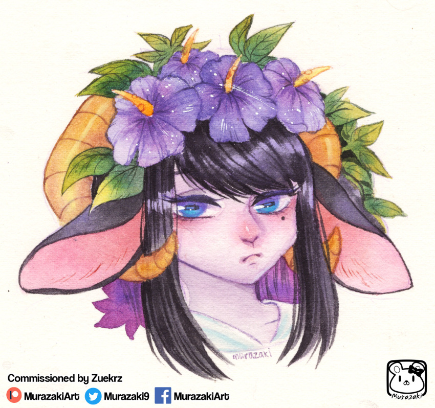 accessory anthro black_hair bovid caprine clothed clothing female flower flower_in_hair front_view hair hair_accessory hi_res horn long_hair looking_at_viewer mammal murazaki painting_(artwork) plant portrait simple_background traditional_media_(artwork) watercolor_(artwork) white_background