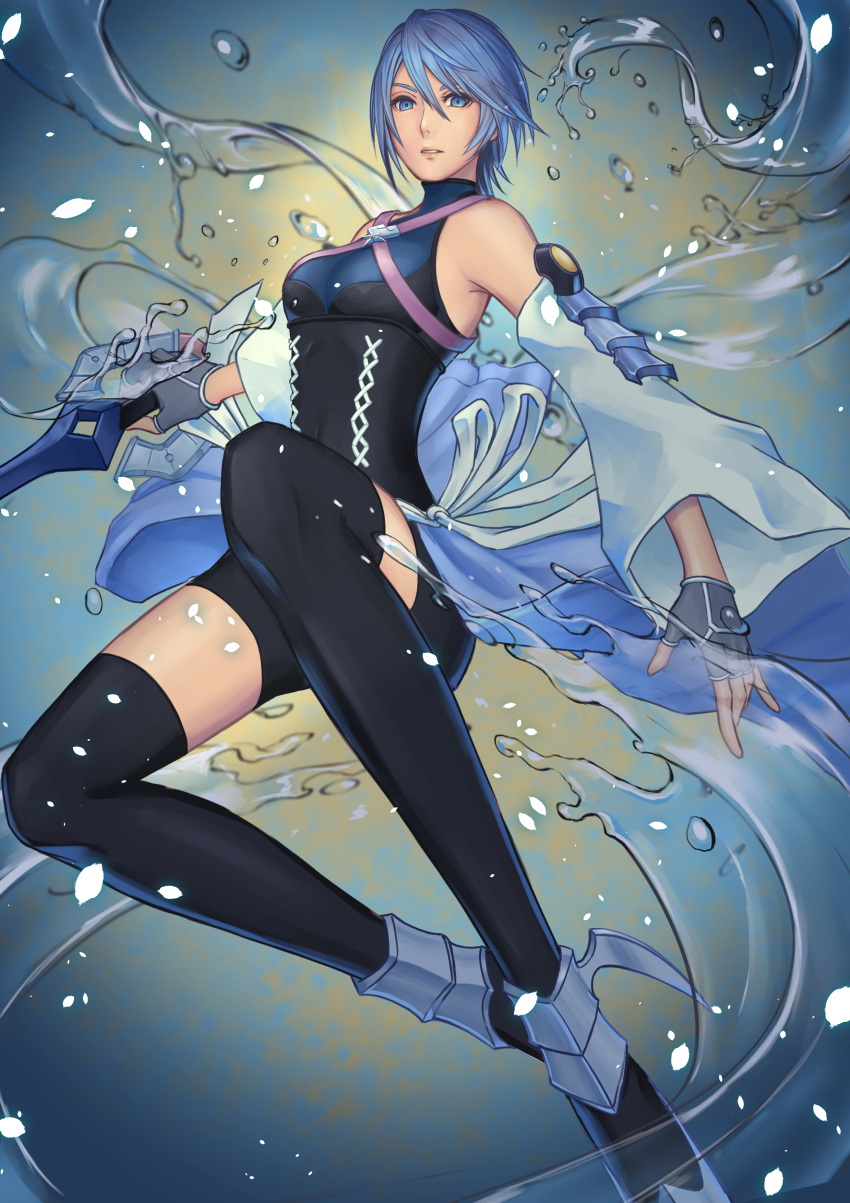 1girl absurdres aqua_(kingdom_hearts) bike_shorts blue_eyes blue_hair detached_sleeves fingerless_gloves gloves highres holding holding_weapon keyblade kingdom_hearts looking_at_viewer parted_lips short_hair showgirl_skirt solo strap thighhighs water weapon yayokichi3