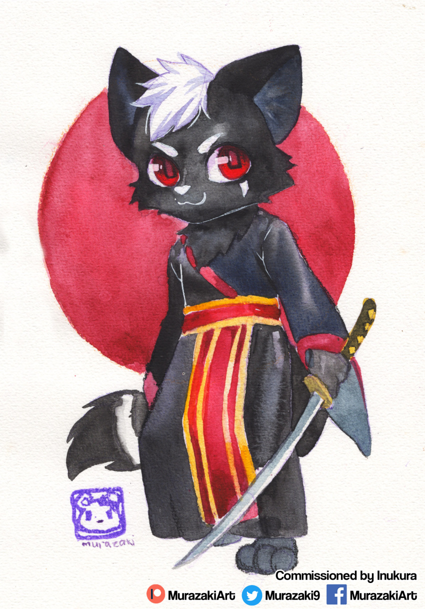 abstract_background anthro biped canid canine chibi clothed clothing fully_clothed fur hair hi_res holding_object holding_weapon katana looking_at_viewer male mammal melee_weapon murazaki painting_(artwork) paws simple_background smile solo standing sword traditional_media_(artwork) watercolor_(artwork) weapon