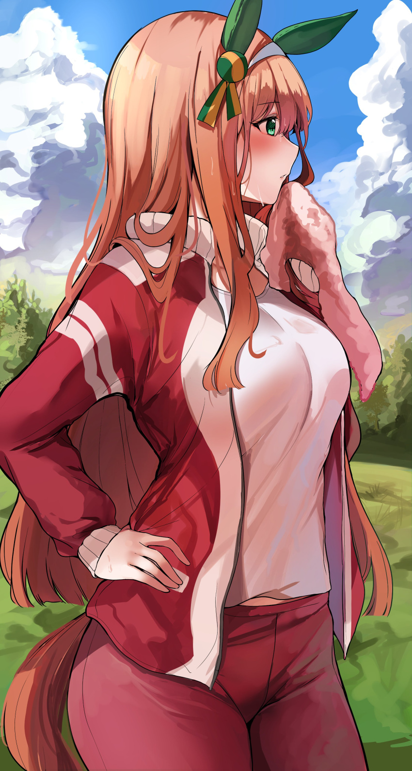 1girl absurdres animal_ears bangs blue_sky blunt_ends blush breasts cloud day from_side hairband hand_on_hip hand_up highres holding horse_ears horse_girl horse_tail jacket large_breasts long_hair long_sleeves open_clothes open_jacket orange_hair outdoors pants profile red_jacket red_pants red_track_suit sak_(lemondisk) shirt silence_suzuka sky tail track_jacket track_pants track_suit umamusume white_hairband white_shirt