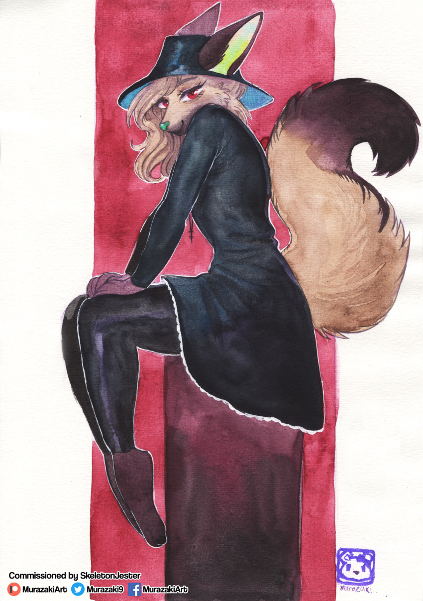 abstract_background absurd_res anthro biped canid canine clothed clothing coat female fully_clothed fur furgonomics hair hat headgear headwear hi_res jewelry legwear looking_at_viewer mammal murazaki necklace painting_(artwork) paws sitting smile solo stockings topwear traditional_media_(artwork) watercolor_(artwork)