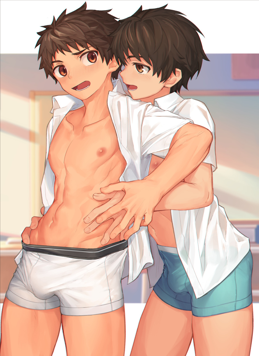 2boys bangs blush boxer_briefs brown_eyes brown_hair bulge chromatic_aberration classroom collarbone cowboy_shot dress_shirt hand_on_another's_hip highres hip_bones holding_hand indoors looking_at_another male_focus male_underwear multiple_boys navel nipples no_pants open_clothes open_mouth open_shirt original outside_border pectorals profile r-744 school shirt short_hair short_sleeves spiked_hair standing underwear white_shirt yaoi