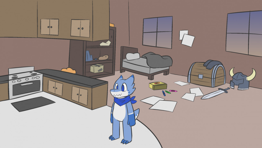 anthro bed blue_body blue_eyes blue_scales building female furniture house kitchen kobold lazuli_(ritzcat) ritzcat scales solo standing white_body white_scales