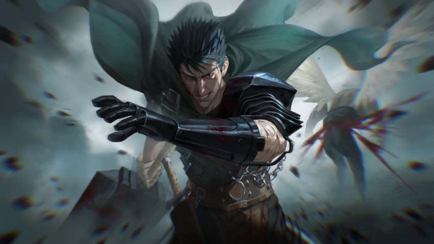 1boy 1other 2boys absurdres angel angel_wings armor bandaged_arm bandages battle belt berserk bisected black_eyes black_hair blood blood_on_face blurry blurry_foreground brown_belt cape chaidision chain chromatic_aberration clenched_teeth dagger greatsword green_cape guts_(berserk) highres holding holding_sword holding_weapon knife mechanical_arms multiple_boys one_eye_closed outdoors pauldrons sheath sheathed shirtless shoulder_armor single_mechanical_arm single_pauldron solo_focus spiked_hair sword teeth throwing_knife weapon wings