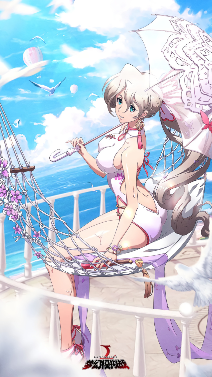 1girl aircraft bird blue_eyes blurry bracelet chinese_clothes closed_fan day depth_of_field dove dutch_angle earrings fan flower folding_fan hammock highres holding holding_umbrella hot_air_balloon jewelry langrisser langrisser_mobile logo long_hair mole mole_under_eye official_art one-piece_swimsuit outdoors parted_lips ponytail railing shawl smile solo swimsuit umbrella very_long_hair wet white_hair